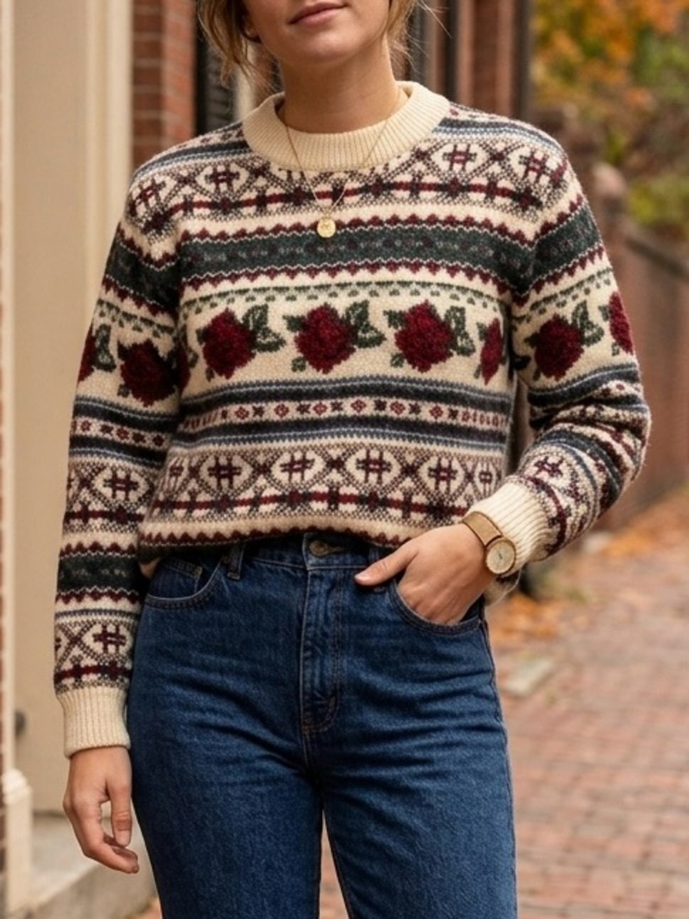 Vintage Woolrich Women’s Fair Isle Sweater Roses Isle Pattern Wool
